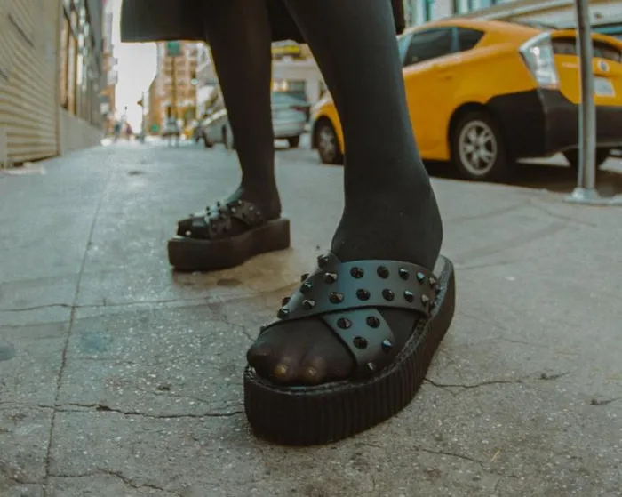TUK Shoes Platforms Women Black TUKskin Cross Strap Studded Sandal TUK Shoes Platforms Women Black TUKskin Cross Strap Studded Sandal
