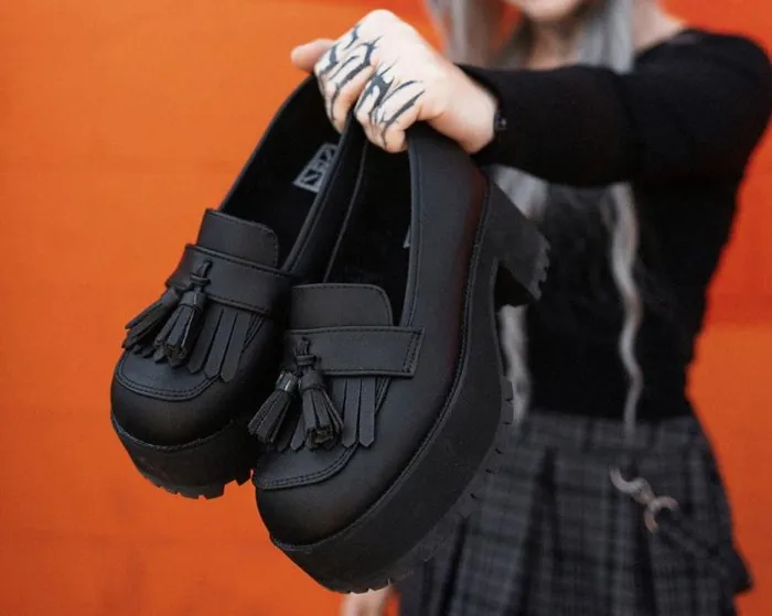 TUK Shoes Platforms Women Black TUKskin Fringe Loafer Platform