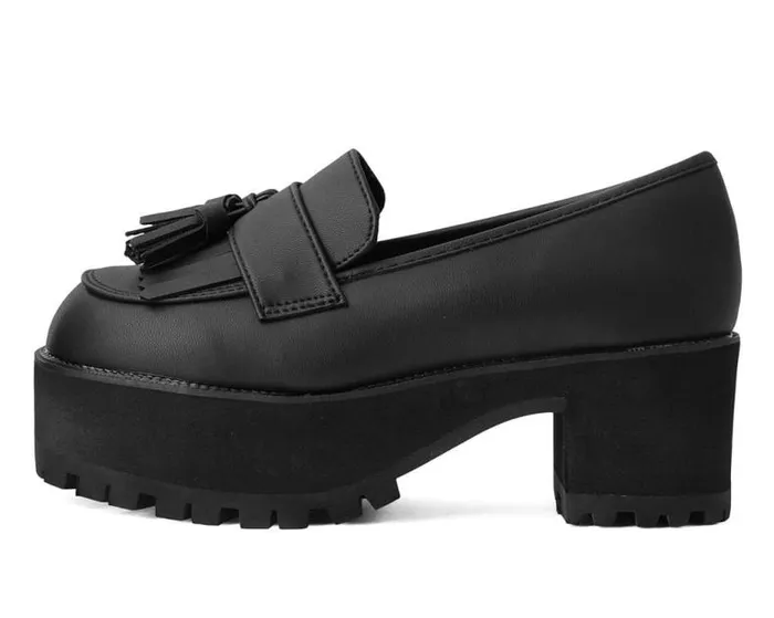 TUK Shoes Platforms Women Black TUKskin Fringe Loafer Platform