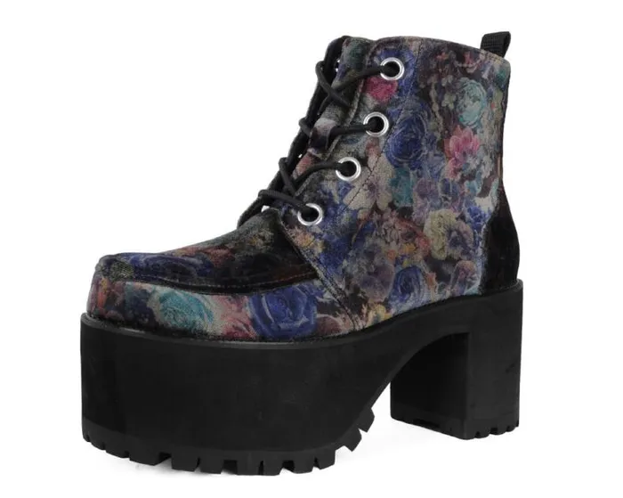 TUK Shoes Platforms Women Floral Velvet Nosebleed Boot