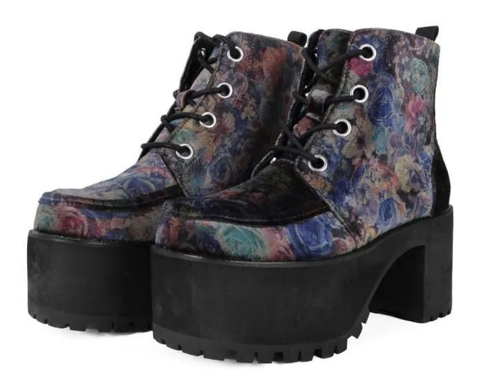 TUK Shoes Platforms Women Floral Velvet Nosebleed Boot