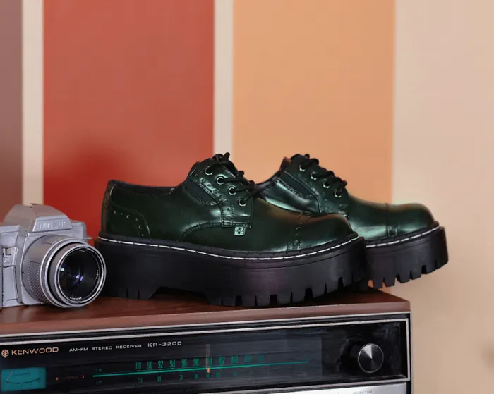 TUK Shoes Platforms Women Green RubOff Double Decker Brogue TUK Shoes Platforms Women Green RubOff Double Decker Brogue
