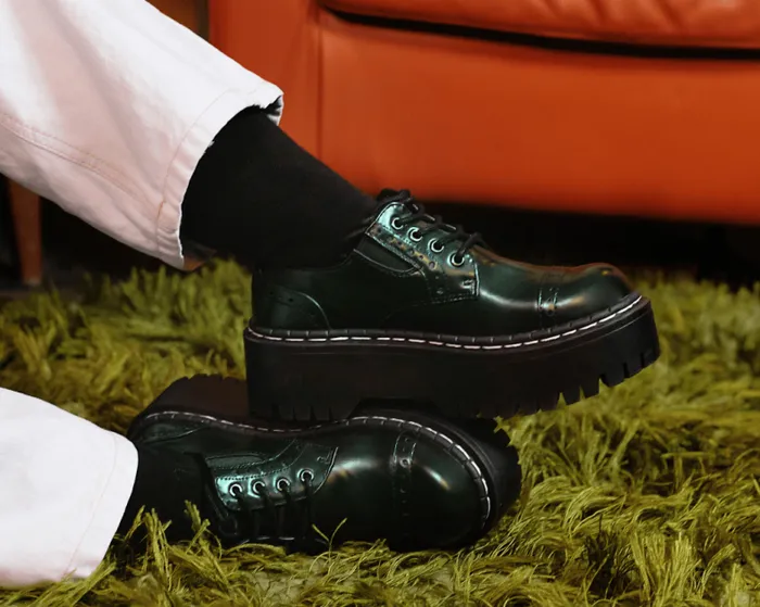 TUK Shoes Platforms Women Green RubOff Double Decker Brogue TUK Shoes Platforms Women Green RubOff Double Decker Brogue