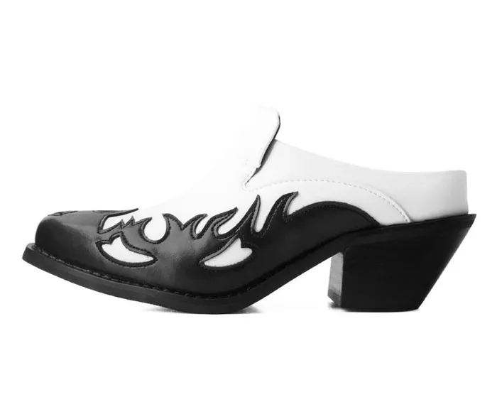 TUK Shoes Sandals Women Black and White Flame Western Mule TUK Shoes Sandals Women Black and White Flame Western Mule