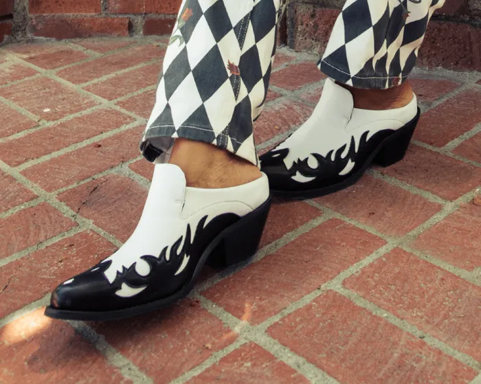 TUK Shoes Sandals Women Black and White Flame Western Mule TUK Shoes Sandals Women Black and White Flame Western Mule