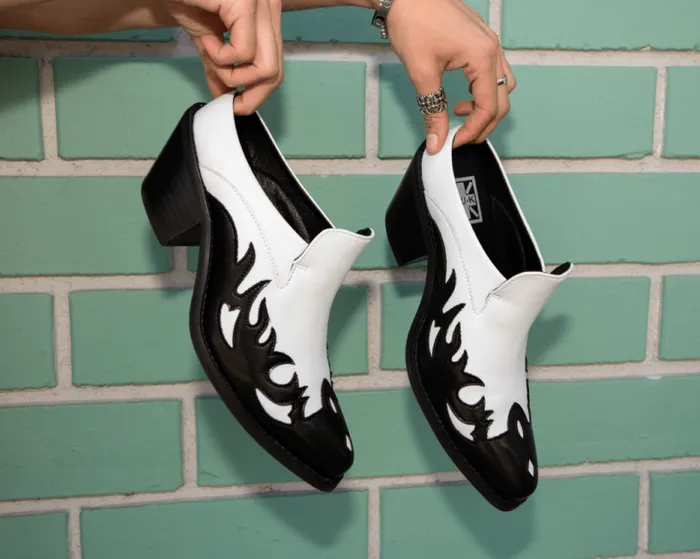 TUK Shoes Sandals Women Black and White Flame Western Mule TUK Shoes Sandals Women Black and White Flame Western Mule