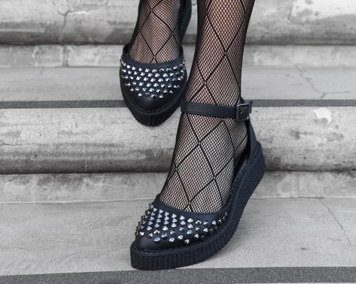 TUK Shoes Sandals Women Black TUKskin Pointed Spike Studded Ankle Strap Sandals TUK Shoes Sandals Women Black TUKskin Pointed Spike Studded Ankle Strap Sandals