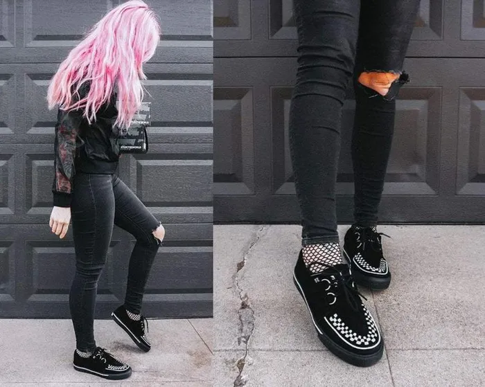 TUK Shoes Sneakers Women Black Suede White Interlace Sneaker