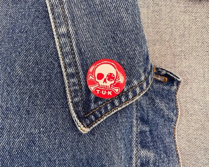 TUK Shoes Stickers Pins Patches Totes Adult Red and White Skull Logo Metal PinBack Button TUK Shoes Stickers Pins Patches Totes Adult Red and White Skull Logo Metal PinBack Button