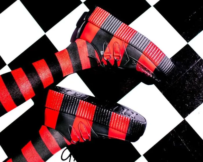TUK Shoes Vegan Men Black and Red Striped Viva Mondo Creeper TUK Shoes Vegan Men Black and Red Striped Viva Mondo Creeper