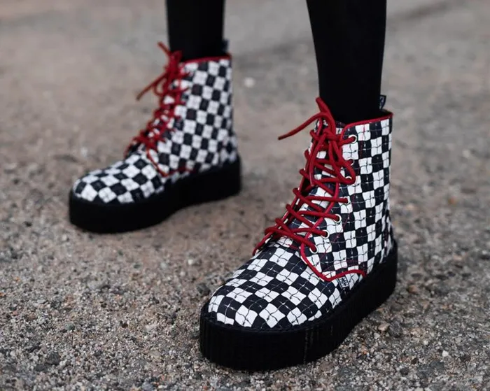 TUK Shoes Vegan Women Black and White Checkered Barbwire Mondo Boot TUK Shoes Vegan Women Black and White Checkered Barbwire Mondo Boot