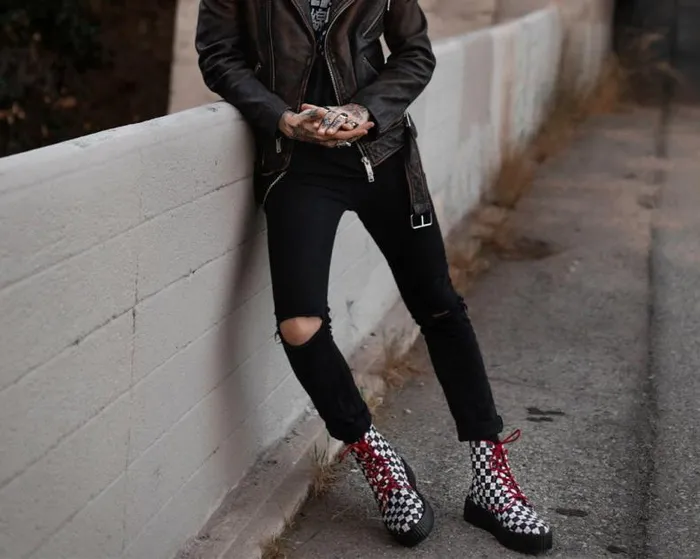 TUK Shoes Vegan Women Black and White Checkered Barbwire Mondo Boot TUK Shoes Vegan Women Black and White Checkered Barbwire Mondo Boot