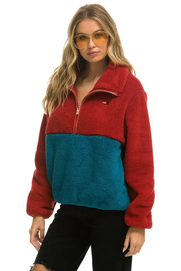 Teddy Apres Half Zip Color Block Jacket 8211 Cherry WomenMen Aviator Nation Teddy Jackets