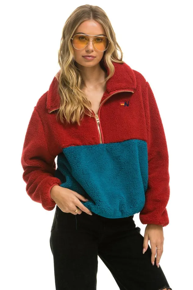 Teddy Apres Half Zip Color Block Jacket 8211 Cherry WomenMen Aviator Nation Teddy Jackets