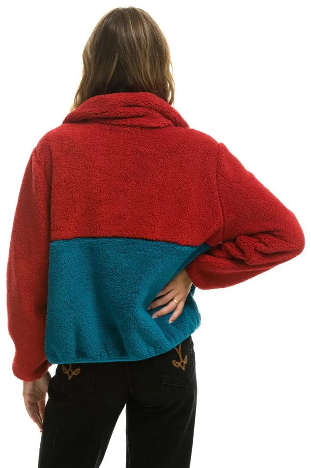 Teddy Apres Half Zip Color Block Jacket 8211 Cherry WomenMen Aviator Nation Teddy Jackets