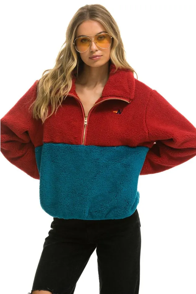 Teddy Apres Half Zip Color Block Jacket 8211 Cherry WomenMen Aviator Nation Teddy Jackets