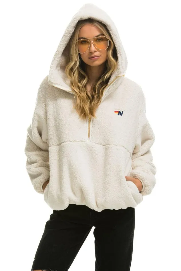 Teddy Apres Hooded Half Zip Jacket 8211 Vintage White WomenMen Aviator Nation Teddy Jackets Teddy Apres Hooded Half Zip Jacket 8211 Vintage White WomenMen Aviator Nation Teddy Jackets