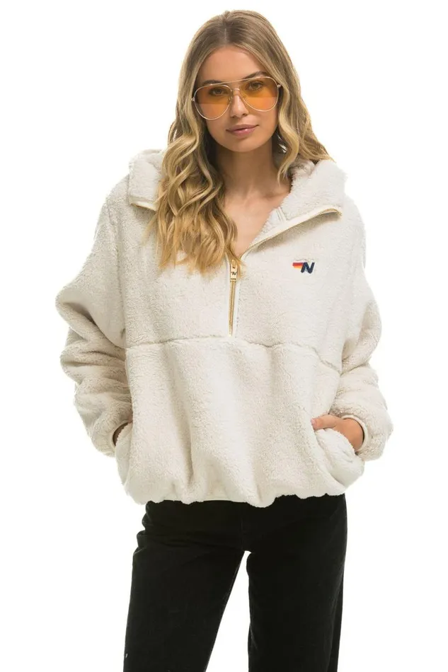Teddy Apres Hooded Half Zip Jacket 8211 Vintage White WomenMen Aviator Nation Teddy Jackets