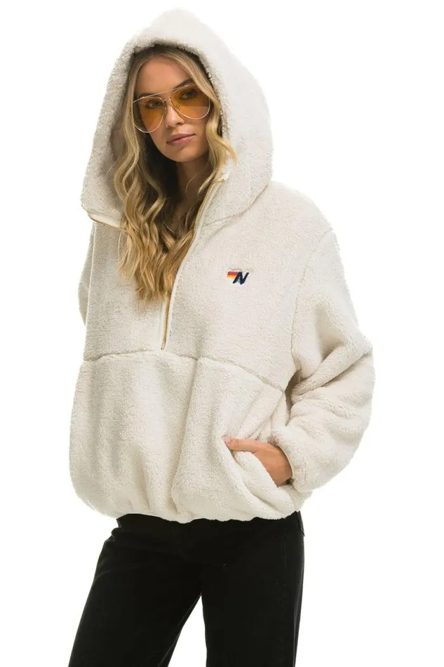 Teddy Apres Hooded Half Zip Jacket 8211 Vintage White WomenMen Aviator Nation Teddy Jackets