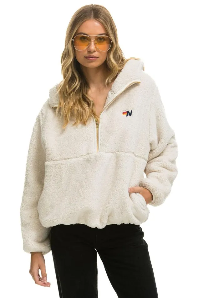 Teddy Apres Hooded Half Zip Jacket 8211 Vintage White WomenMen Aviator Nation Teddy Jackets