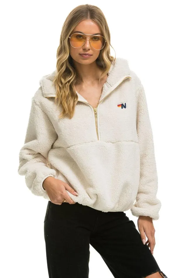 Teddy Apres Hooded Half Zip Jacket 8211 Vintage White WomenMen Aviator Nation Teddy Jackets