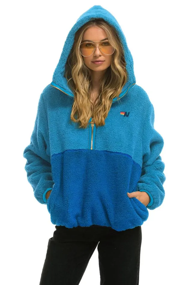 Teddy Unisex Hooded Half Zip Color Block Jacket 8211 Ocean WomenMen Aviator Nation Teddy Jackets Teddy Unisex Hooded Half Zip Color Block Jacket 8211 Ocean WomenMen Aviator Nation Teddy Jackets