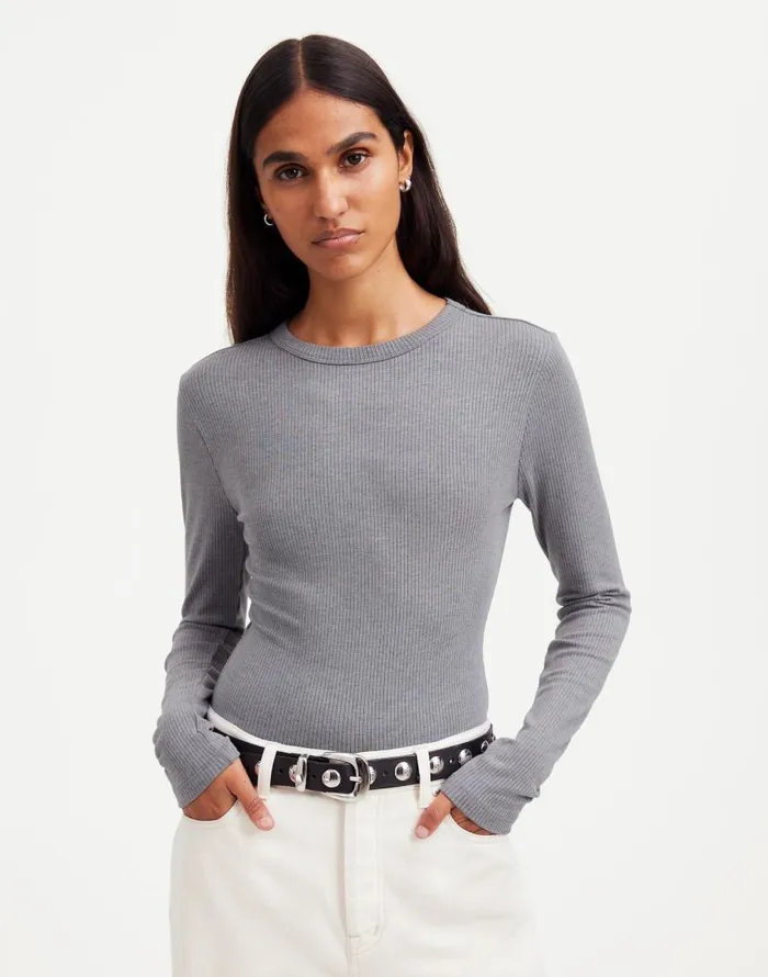 Tees Women Madewell Drapey Rib LongSleeve Tee Hthr Black Charcoal