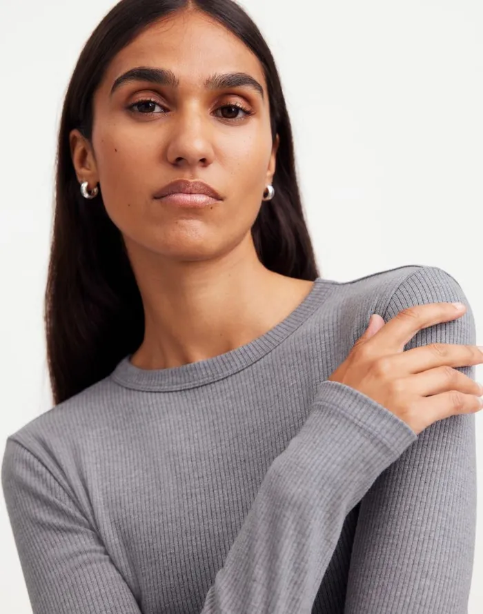 Tees Women Madewell Drapey Rib LongSleeve Tee Hthr Black Charcoal