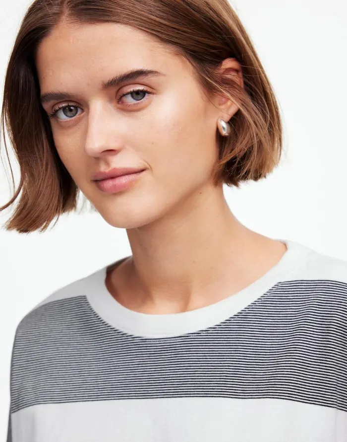 Tees Women Madewell Oversized Crewneck LongSleeve Tee In Stripe Eyelet White