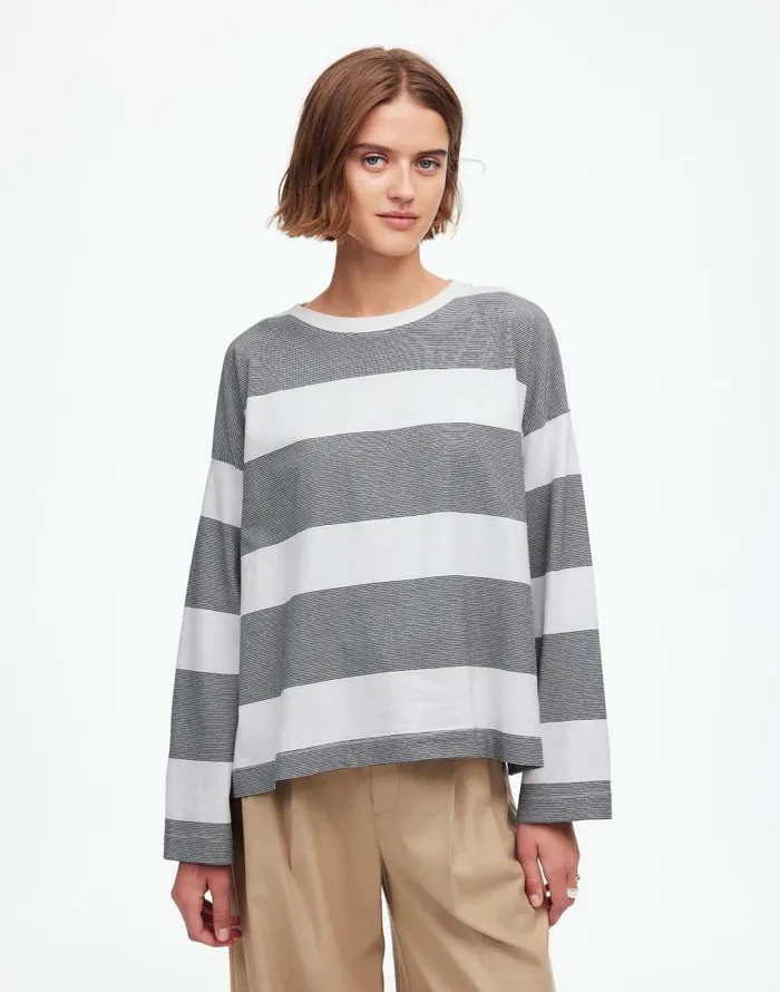 Tees Women Madewell Oversized Crewneck LongSleeve Tee In Stripe Eyelet White