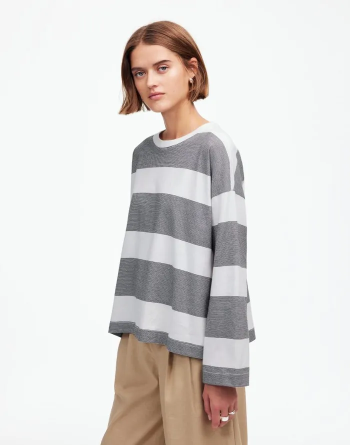 Tees Women Madewell Oversized Crewneck LongSleeve Tee In Stripe Eyelet White