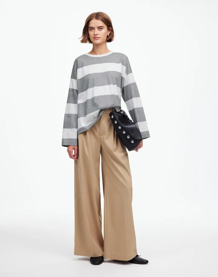 Tees Women Madewell Oversized Crewneck LongSleeve Tee In Stripe Eyelet White