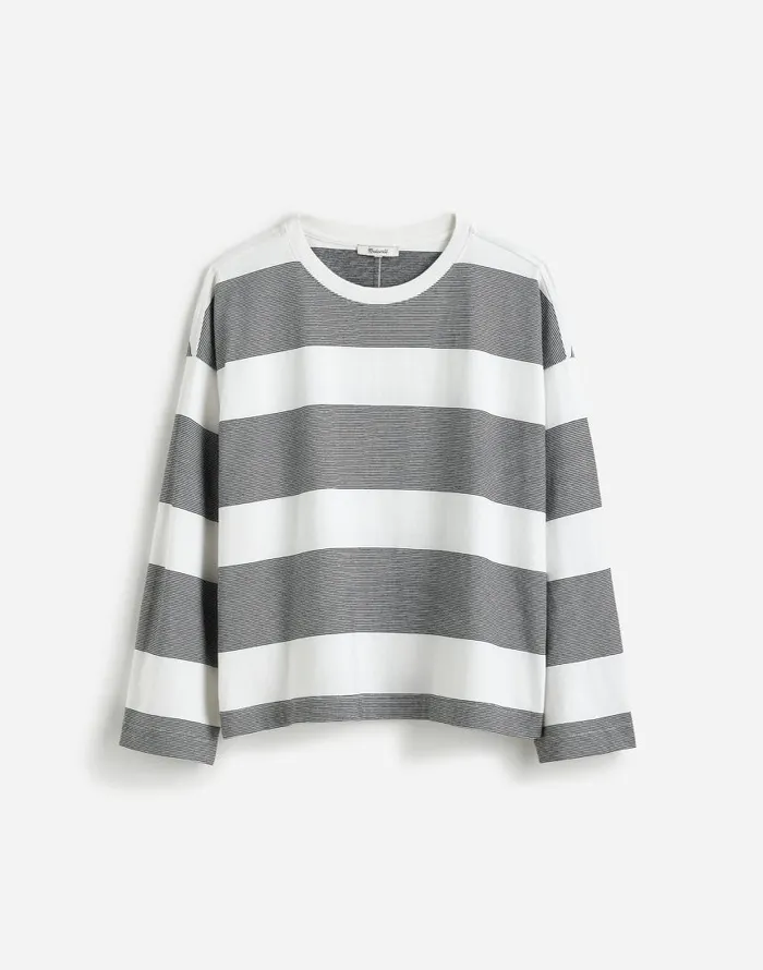 Tees Women Madewell Oversized Crewneck LongSleeve Tee In Stripe Eyelet White