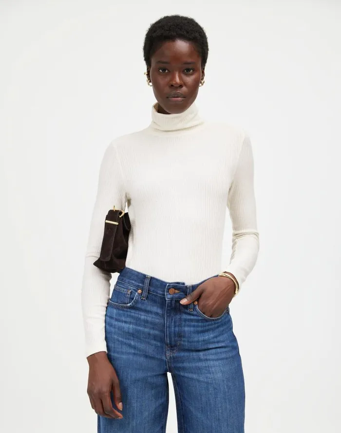 Tees Women Madewell Ribbed Turtleneck LongSleeve Tee Hthr Cream