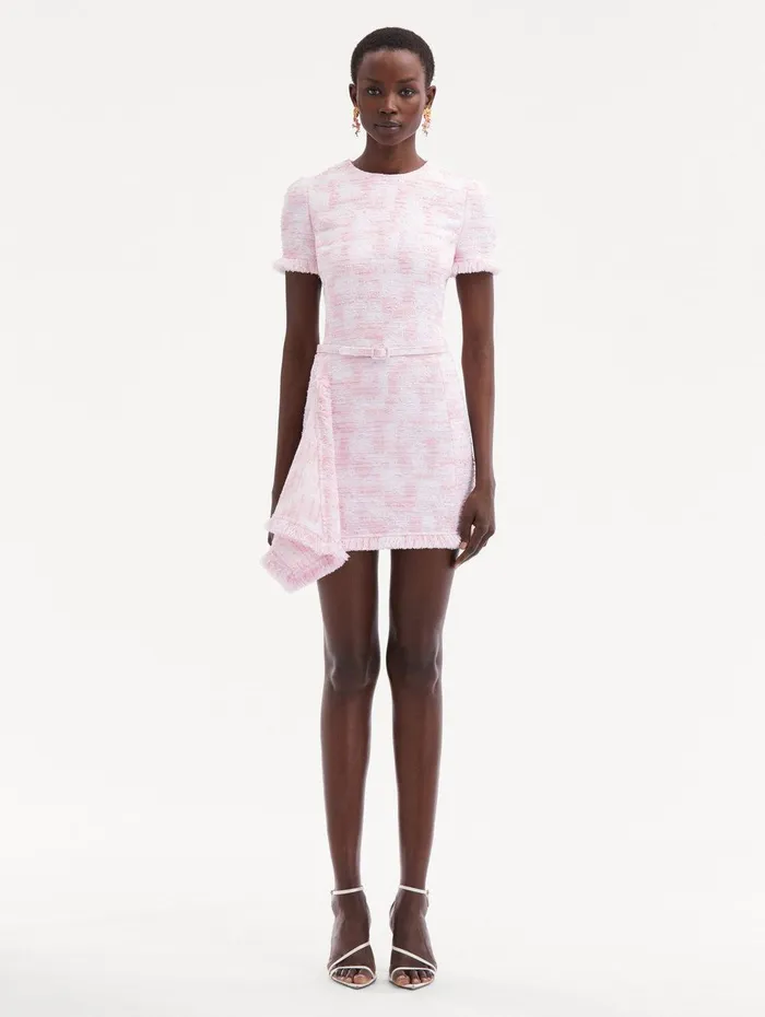 Textured Tweed Draped Dress White Pink Women Oscar De La Renta Dresses Textured Tweed Draped Dress White Pink Women Oscar De La Renta Dresses