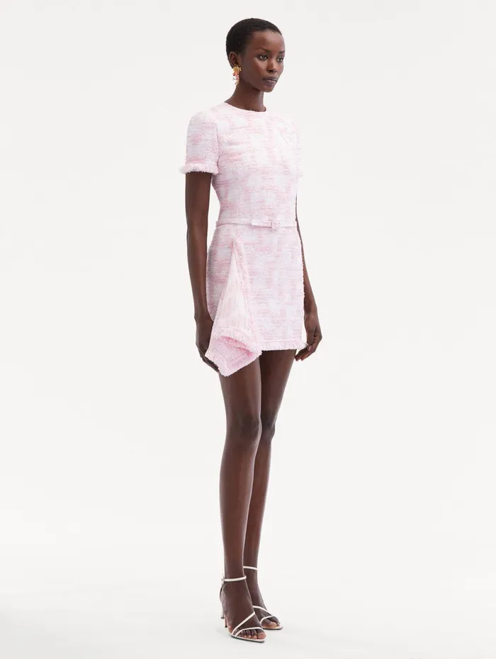 Textured Tweed Draped Dress White Pink Women Oscar De La Renta Dresses Textured Tweed Draped Dress White Pink Women Oscar De La Renta Dresses