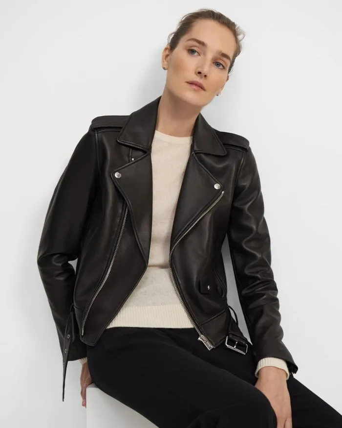 Theory Casual Moto Jacket In Leather Black Women Outerwear