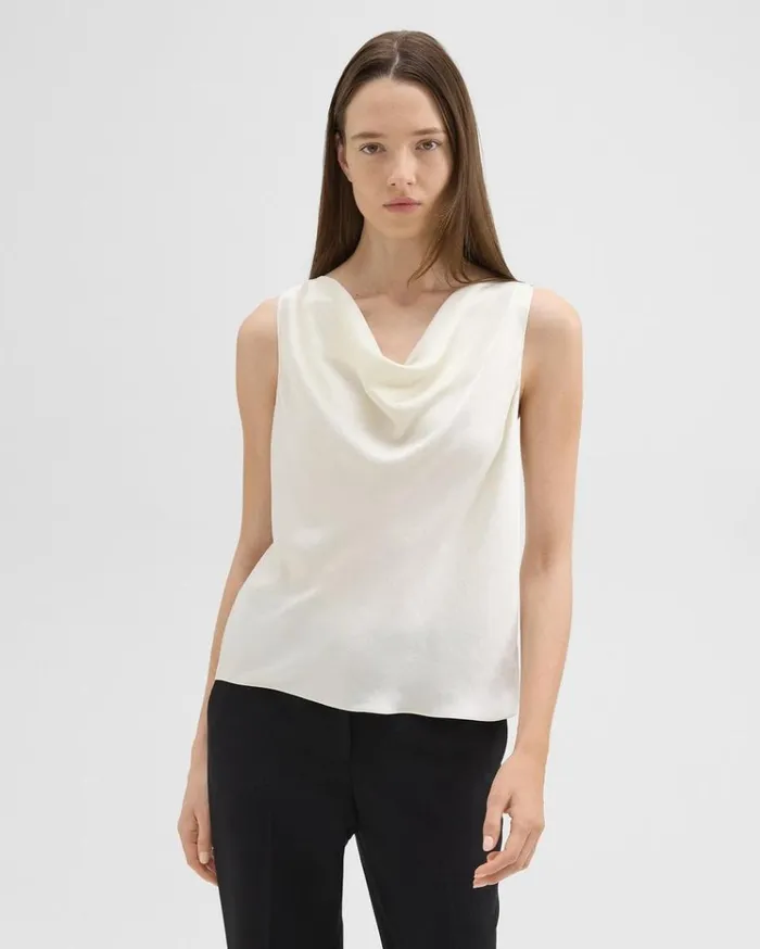 Theory Cowl Neck Top In Crushed Satin Rice Women Tops