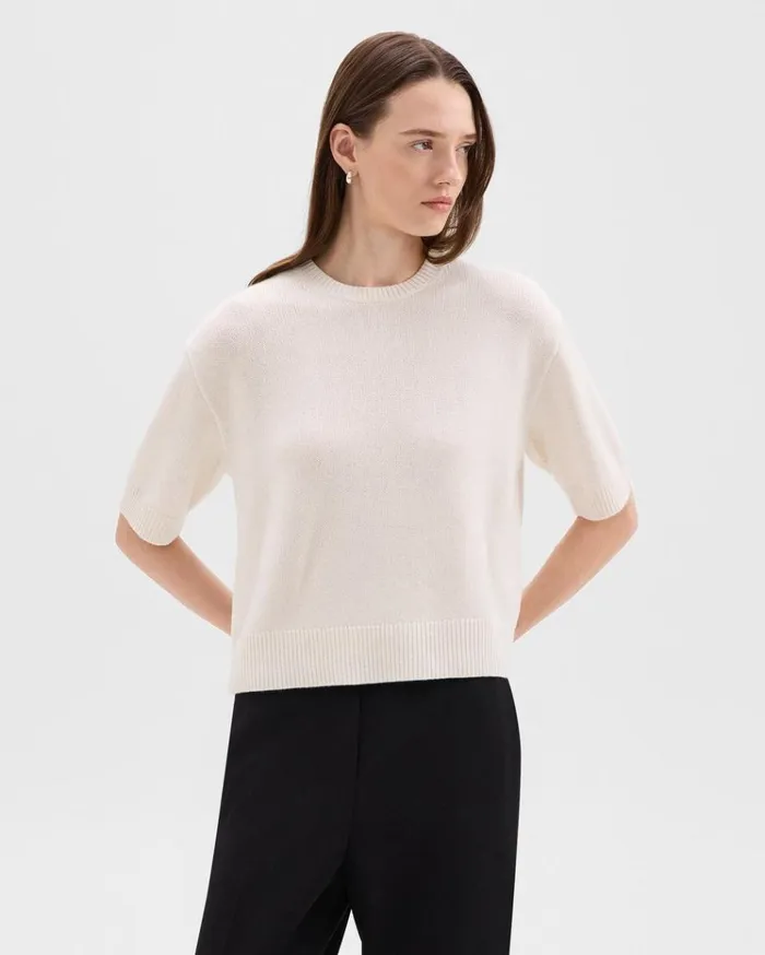 Theory Cropped Tee In Cashmere Ivory Women Sweaters Cardigans