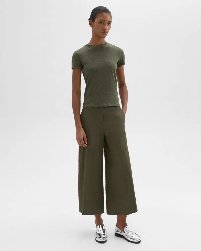 Theory Cropped WideLeg Pant In Good Linen Dark Olive Women Pants