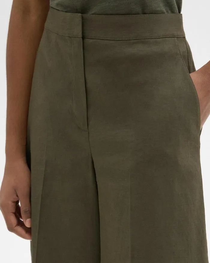 Theory Cropped WideLeg Pant In Good Linen Dark Olive Women Pants