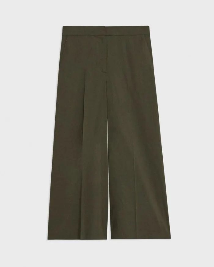 Theory Cropped WideLeg Pant In Good Linen Dark Olive Women Pants