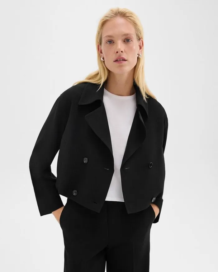 Theory DoubleBreasted Crop Trench In Admiral Crepe Black Women Outerwear