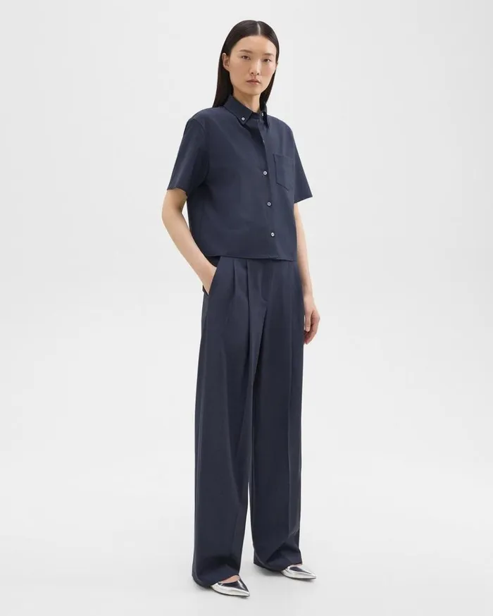 Theory Double Pleat Pant In Good Wool Nocturne Navy Women Pants