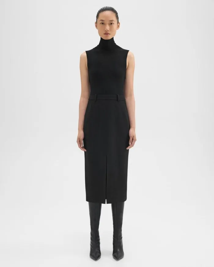 Theory Funnel Neck Combo Dress In Admiral Crepe Black Women Dresses