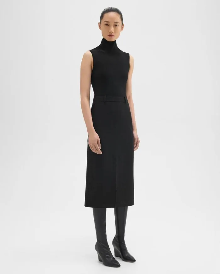 Theory Funnel Neck Combo Dress In Admiral Crepe Black Women Dresses
