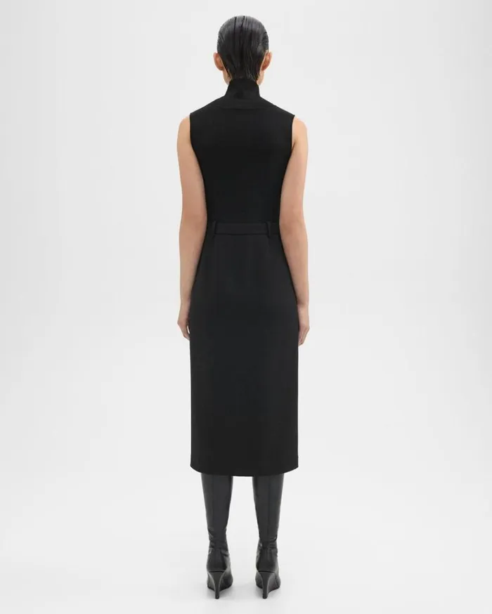 Theory Funnel Neck Combo Dress In Admiral Crepe Black Women Dresses