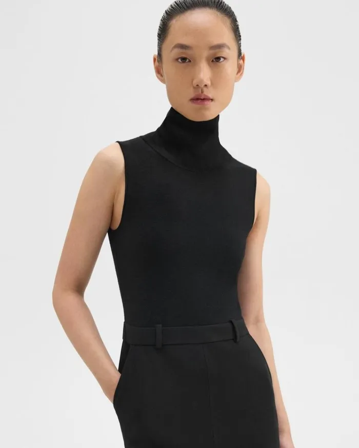 Theory Funnel Neck Combo Dress In Admiral Crepe Black Women Dresses