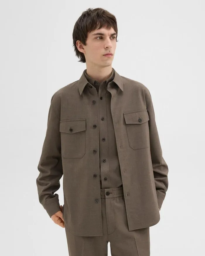 Theory Garvin Shirt Jacket In Stretch Wool Fossil Melange Men Blazers Jackets