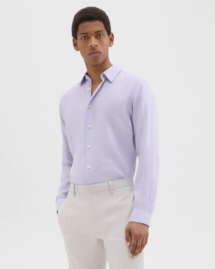 Theory Irving Shirt In Relaxed Linen Soft Iris Men Shirts